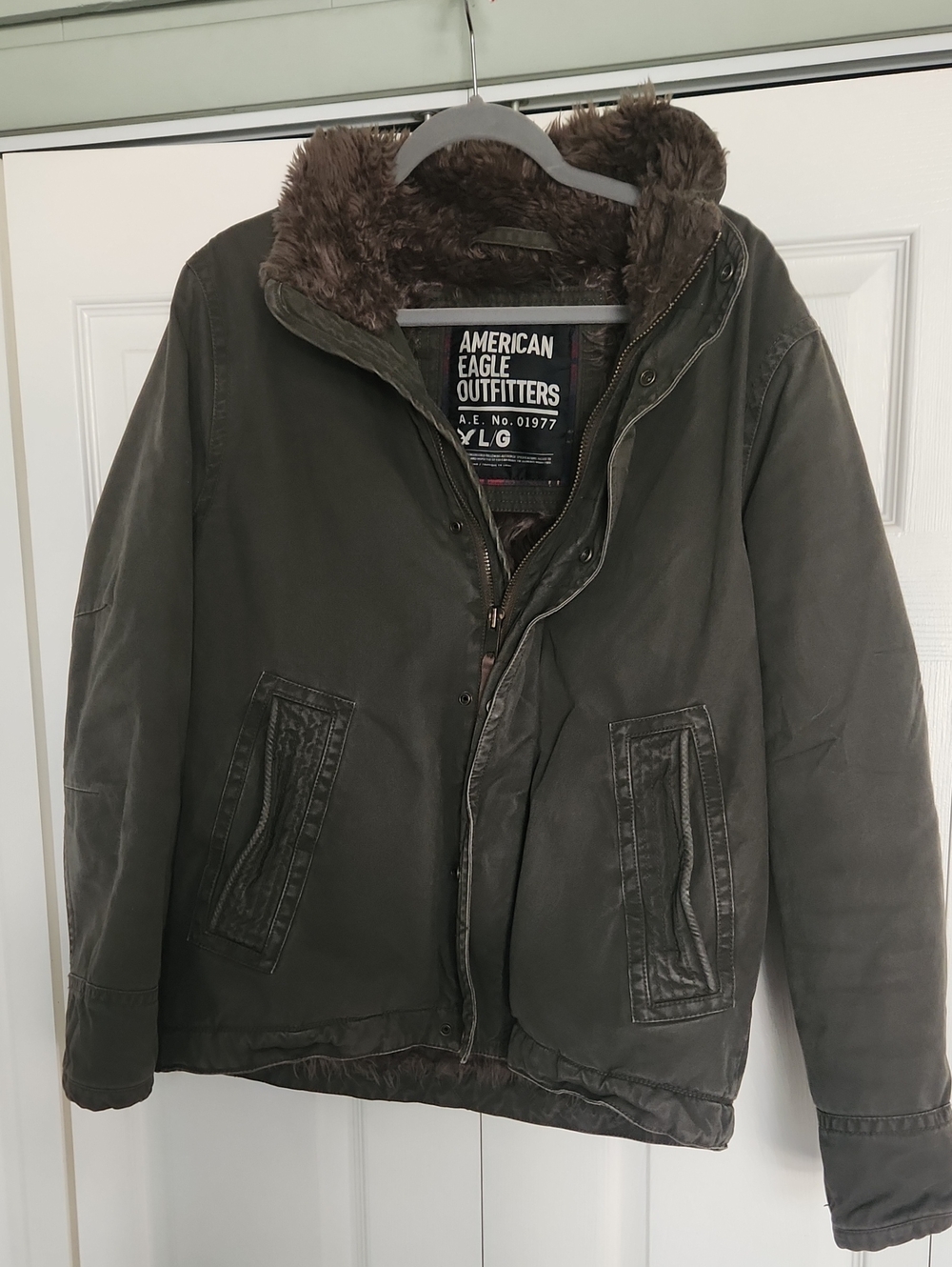 Y2K American Eagle Outfitters Men's Brown Canvas Jacket with Faux-Fur Lining